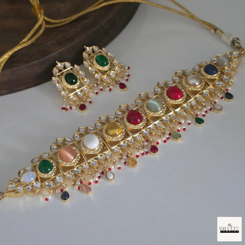 Multicolor Navratna Kundan Choker Set with Natural Gemstones