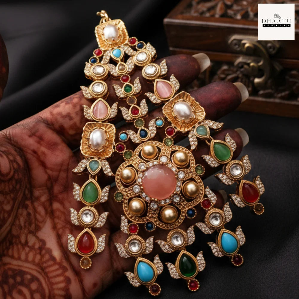 Kundan Passa – Traditional Jhumar Hair Accessory with Pearl Droplets & Multicolor Stones