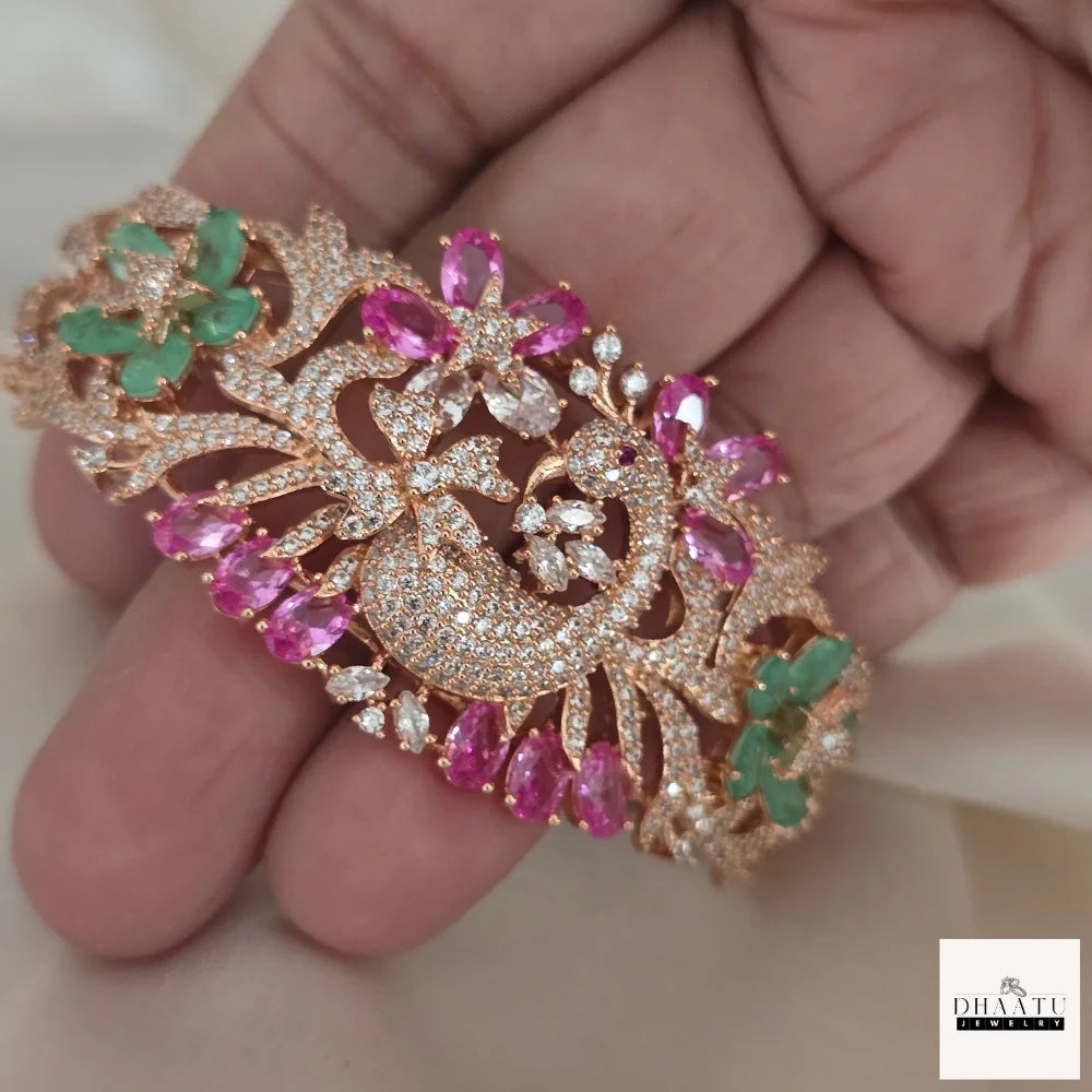Gulnaar Peacock Motif Handcrafted Kada – Rose Gold Finish with Pink & Mint Green Stones