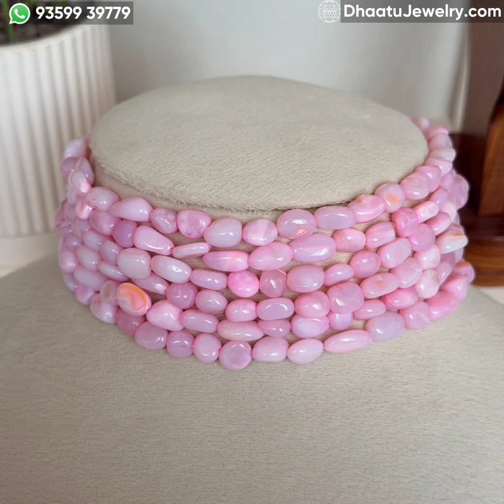 Natural Pink Opal 6-Layer Beaded Choker Necklace - 4.5cm Wide Adjustable Statement Jewelry