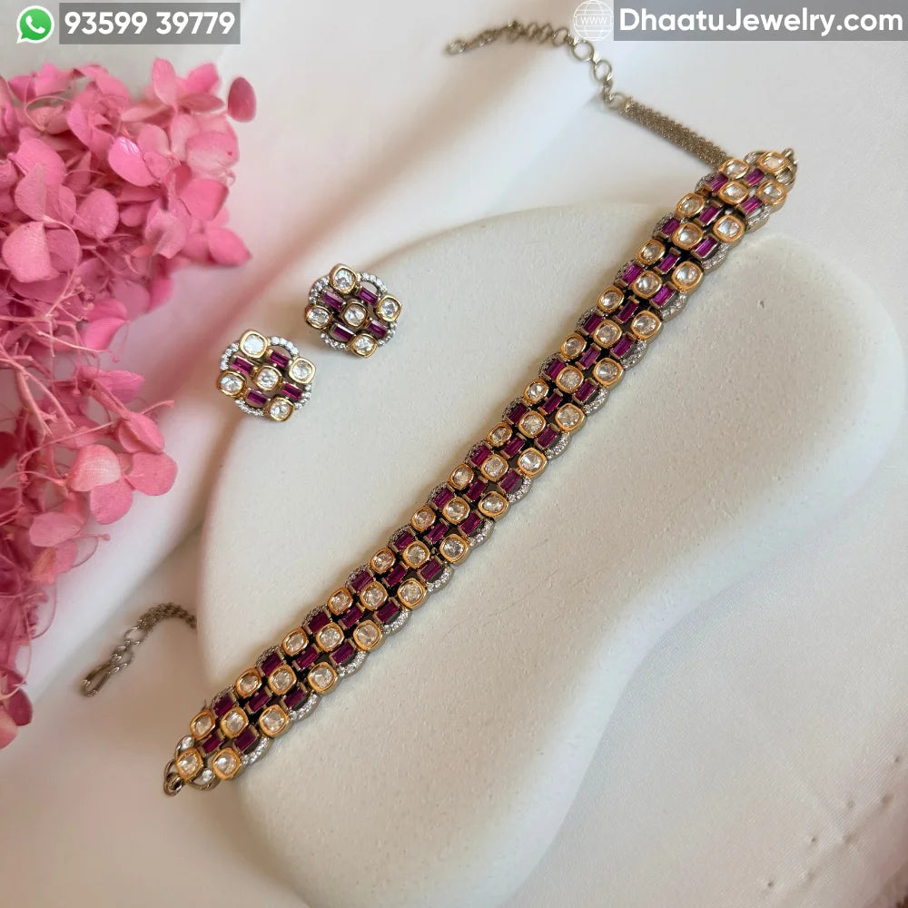 Handcrafted Real Polki and Moissanite Choker Set with Ruby & Emerald Baguettes – Adjustable Bridal Necklace and Stud Earrings Set