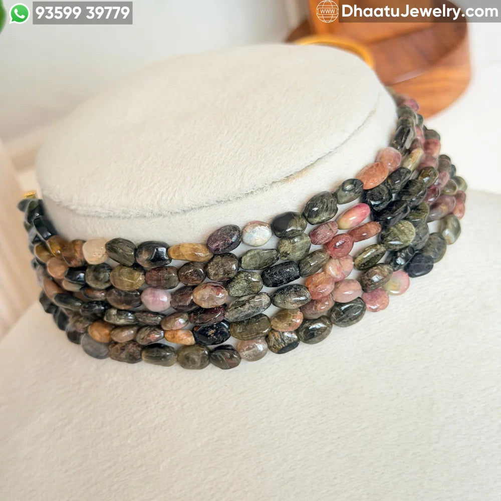 6-Layer Multi-Color Natural Tourmaline Stone Bead Choker Necklace - Handcrafted Earthy Green & Pink Statement Jewelry (4.5cm x 23cm)