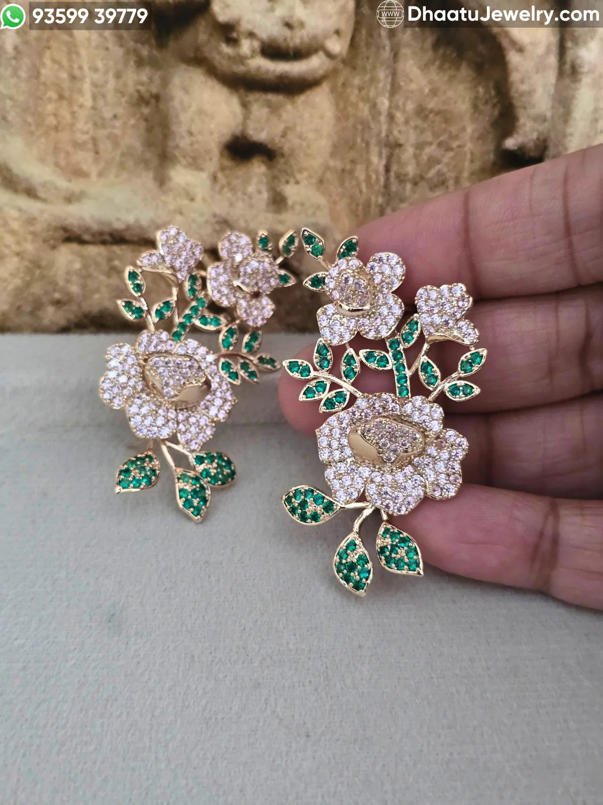 Premium Gold-Plated Intricate Floral Ear Cuff Crawler Earrings – Studded Bloom Design in Emerald Green & Diamond White Variants