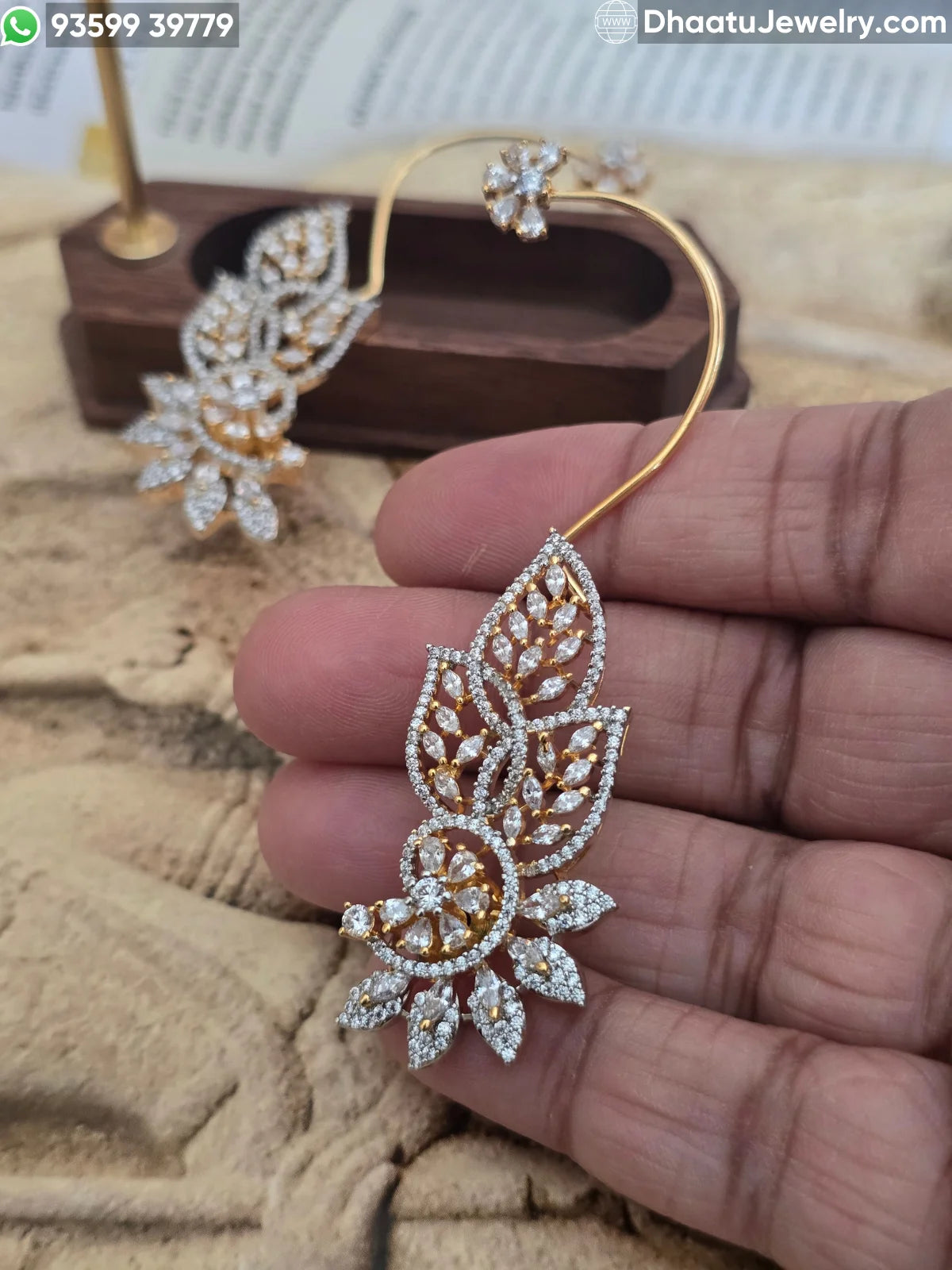 Gold Plated Premium Floral Leaf CZ Ear Cuff Earrings - Intricate American Diamond Wrap-Around Statement Jewelry for Weddings and Festive Wear