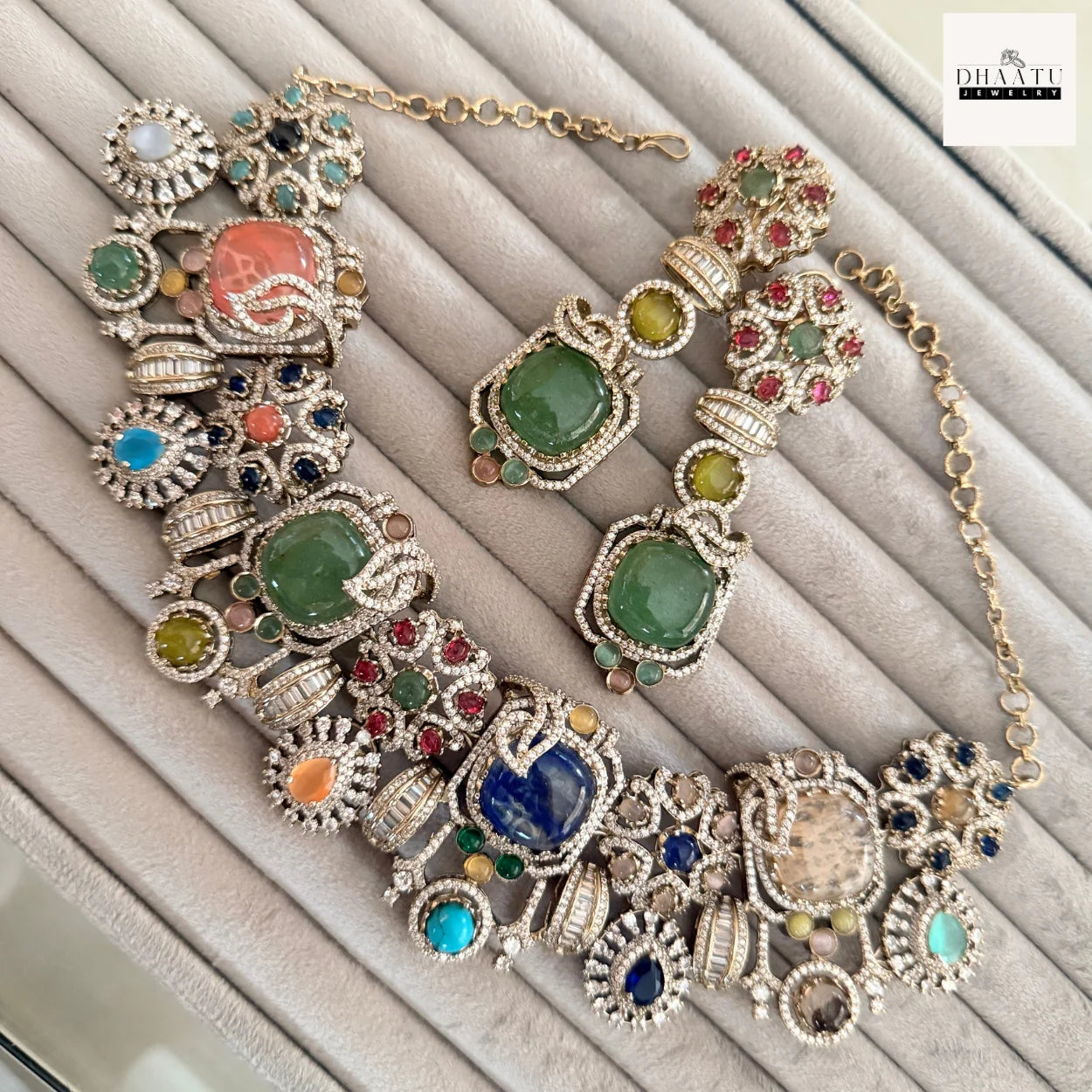Rivaayat Collection - Victorian Antique Choker Set with Multi-Color Doublet Stones & Matching Earrings