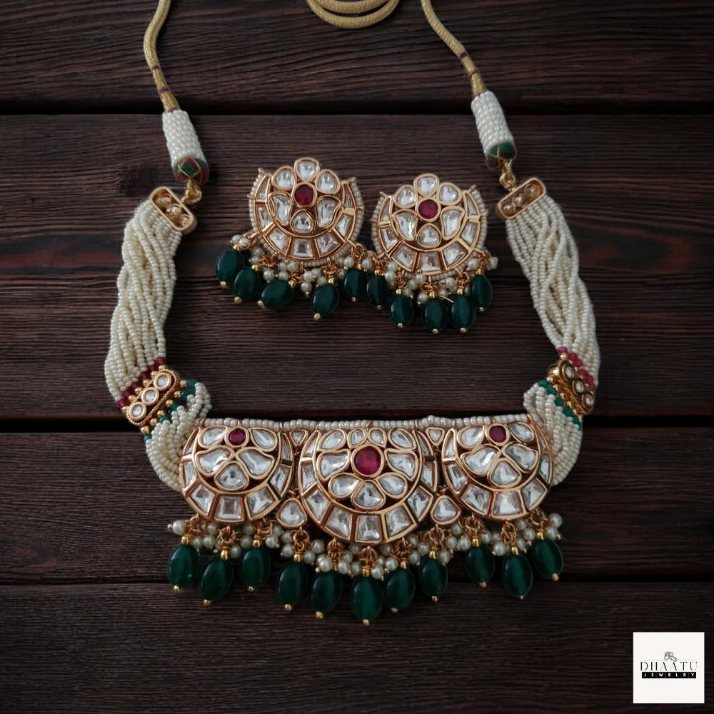 Royal Jadau Kundan Choker Necklace Set with Emerald Green Droplets and Pearl Strands