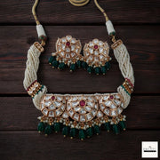 Royal Jadau Kundan Choker Necklace Set with Emerald Green Droplets and Pearl Strands