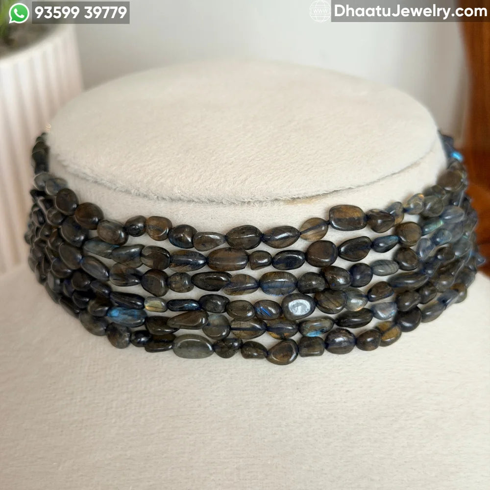 Natural Labradorite 6-Layer Multi-Strand Bead Choker Necklace | Iridescent Grey Statement Jewelry | 4.5cm x 23cm