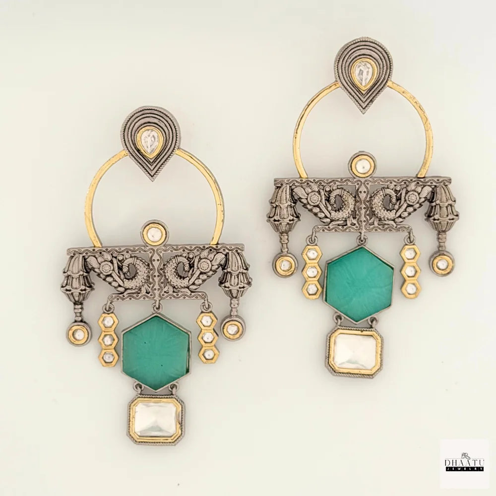 Kundan Polki & Carved Stone Oxidized Fusion Drop Earrings
