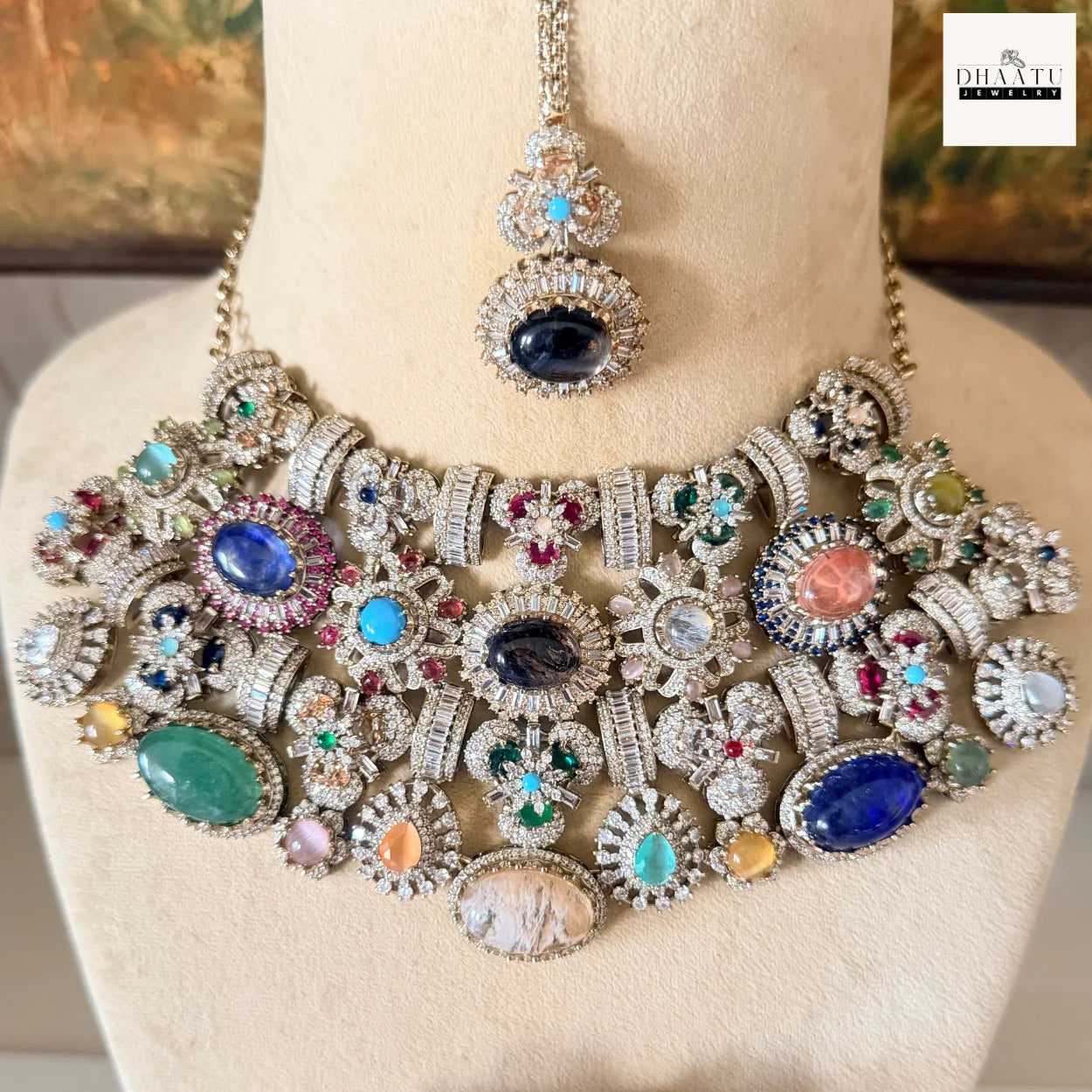 Afreen Set - Victorian Finish 4 Layered Bridal Choker Set with Multi-Color Doublet Stones & Maang Tika