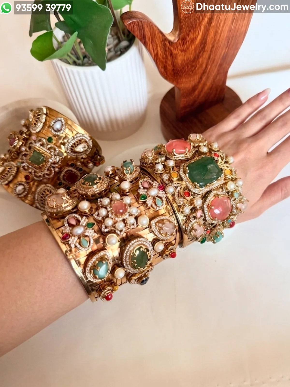 Sabyasachi Inspired Wide Brass Cuff Bracelet with Multicolored Doublet Stones & Gold Plating – Royal Statement Kada