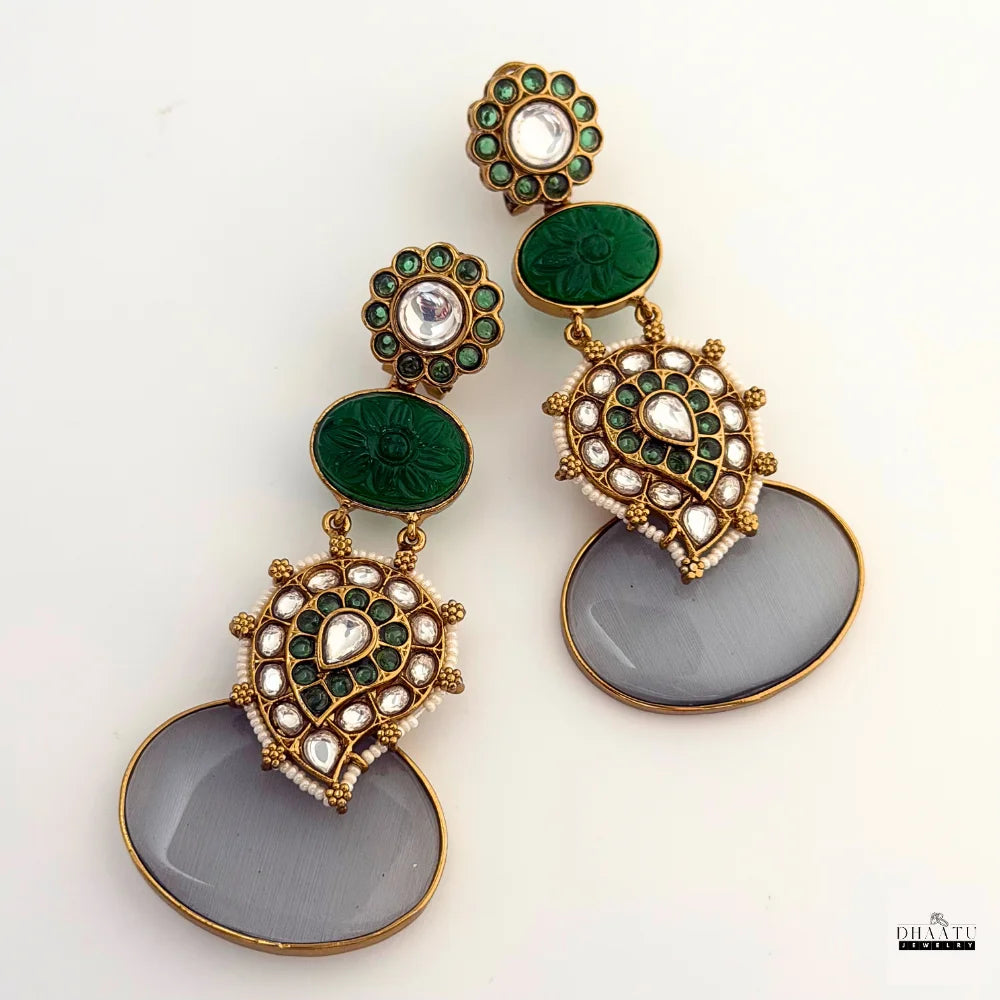 Kundan & Carved Green Stone Drop Earrings with Cat Eye Cabochon (Available in Grey & Yellow)