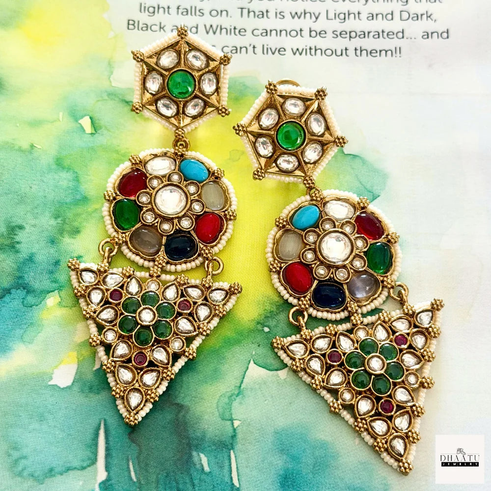 Exquisite Polki & Multicolored Kundan Stone Victorian Drop Earrings - Statement Earrings