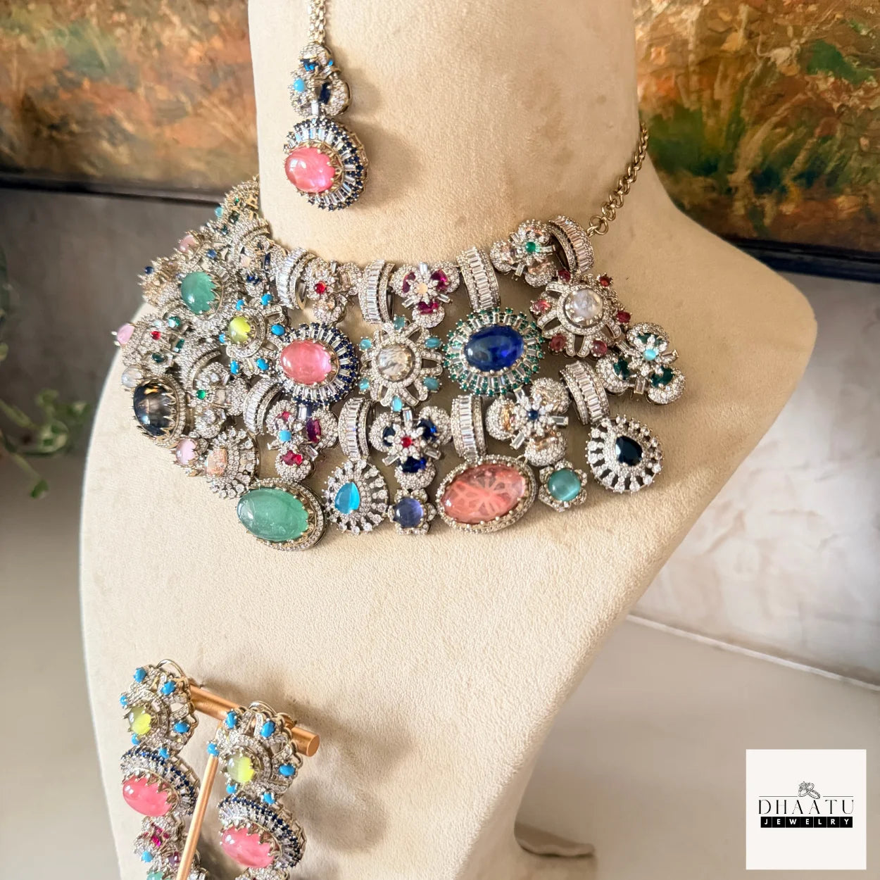 Afreen Set - Victorian Finish 4 Layered Bridal Choker Set with Multi-Color Doublet Stones & Maang Tika