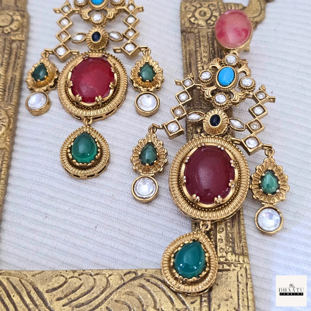 Statement Kundan Polki Chandelier Earrings with Multi-Color Stone Drops | Traditional Indian Jhumka Style