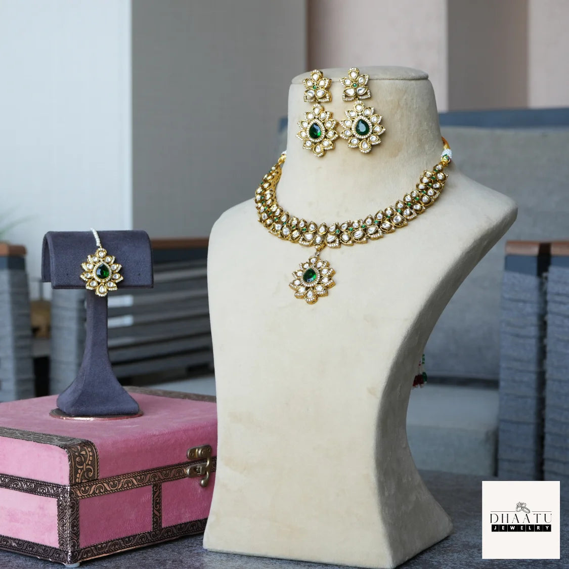 Regal Green Stone & White Polki Style Jewelry Set with Necklace, Earrings & Maang Tikka