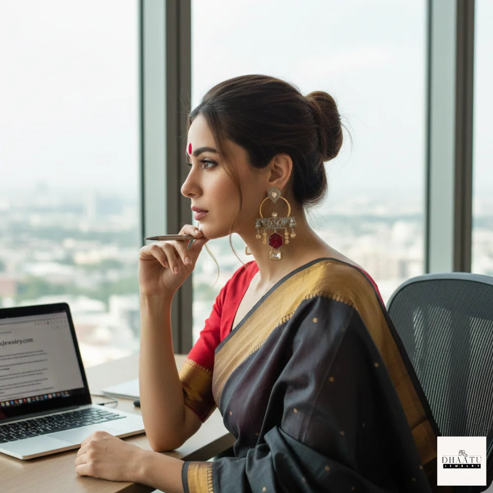 Kundan Polki & Carved Stone Oxidized Fusion Drop Earrings