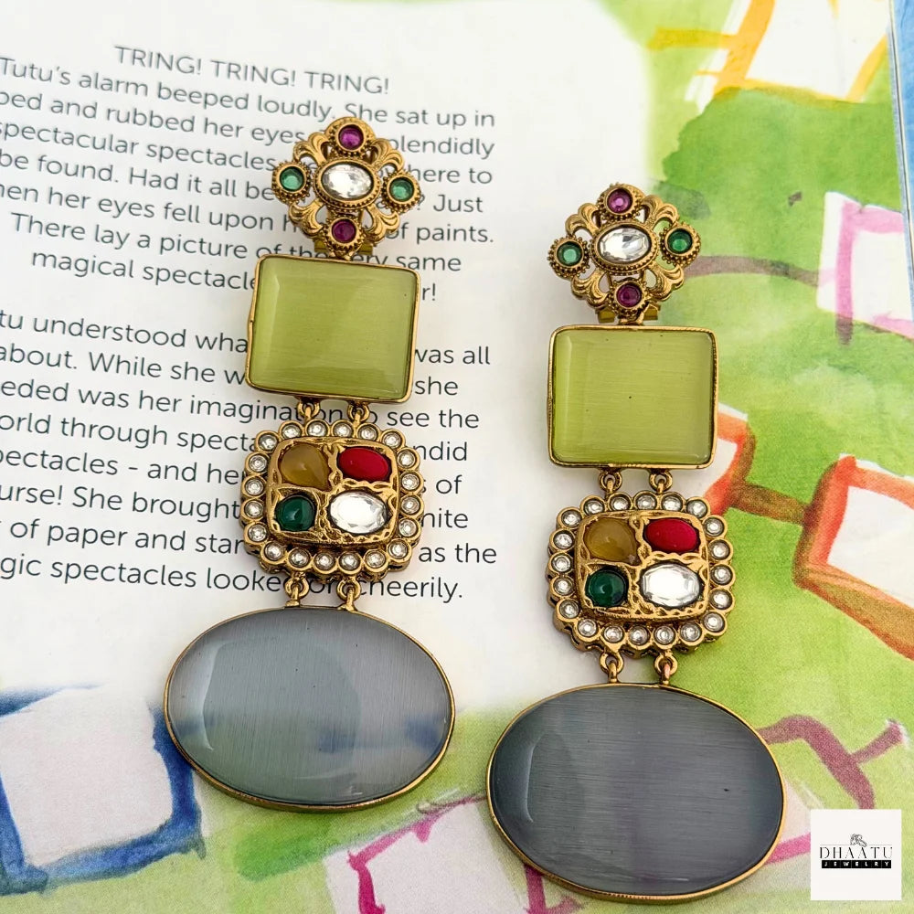 Regal Green & Grey Cat's Eye Drop Earrings with Multi-Stone Embellishment