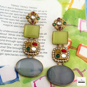 Regal Green & Grey Cat's Eye Drop Earrings with Multi-Stone Embellishment