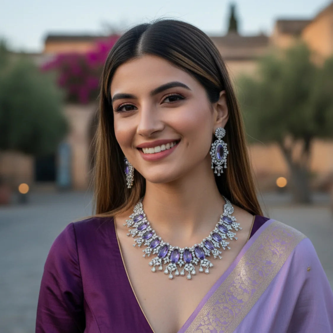 Luxury Amethyst Purple American Diamond Choker Necklace & Earring Set - AD Bridal / Party Wear Jewelry