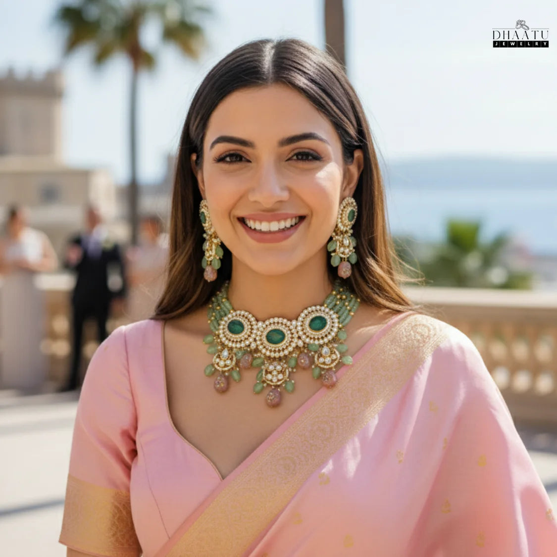 Regal Polki Style Green & Pink Beaded Choker Necklace and Earring Set | Indian Wedding Jewelry