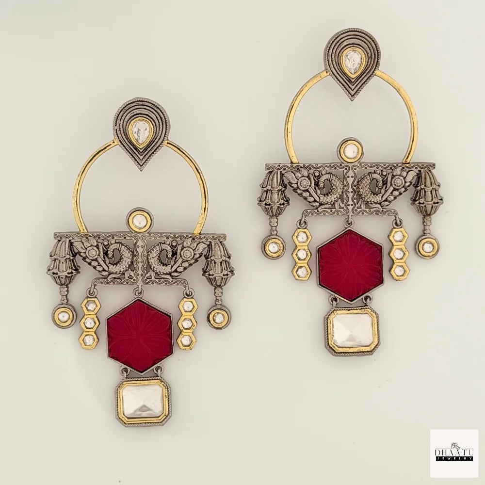 Kundan Polki & Carved Stone Oxidized Fusion Drop Earrings
