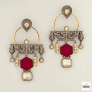 Kundan Polki & Carved Stone Oxidized Fusion Drop Earrings