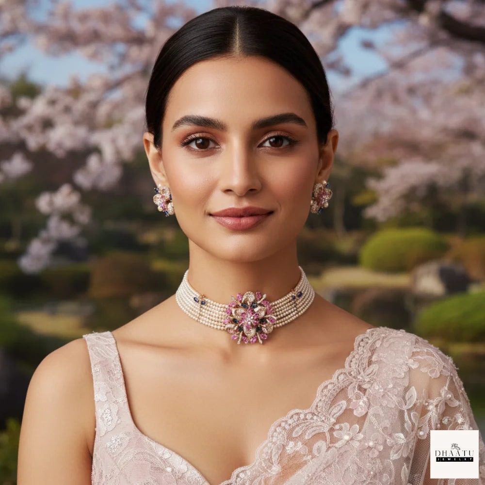 Rose Gold Floral Pearl Choker Set with Pink & Violet CZ Stones