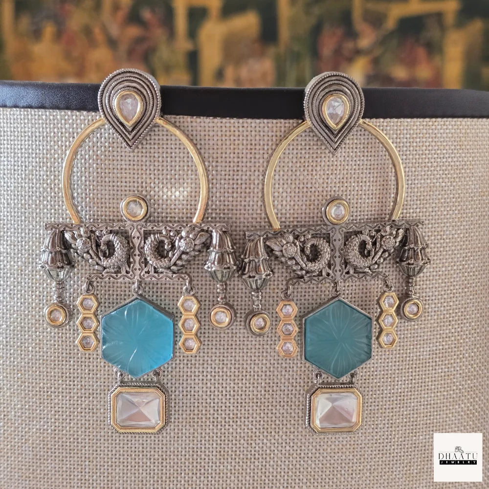 Kundan Polki & Carved Stone Oxidized Fusion Drop Earrings