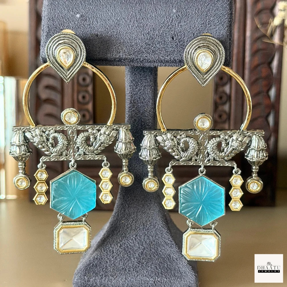 Kundan Polki & Carved Stone Oxidized Fusion Drop Earrings