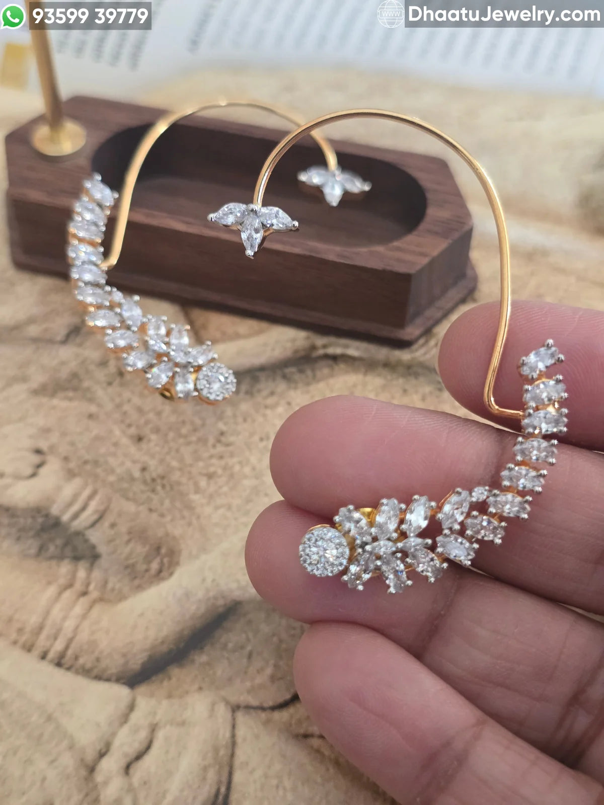 18K Gold Plated Premium Floral Cubic Zirconia Full Ear Cuff Wrap Earrings – Marquise Cut Leaf Design Ear Climbers with Cartilage Clasp