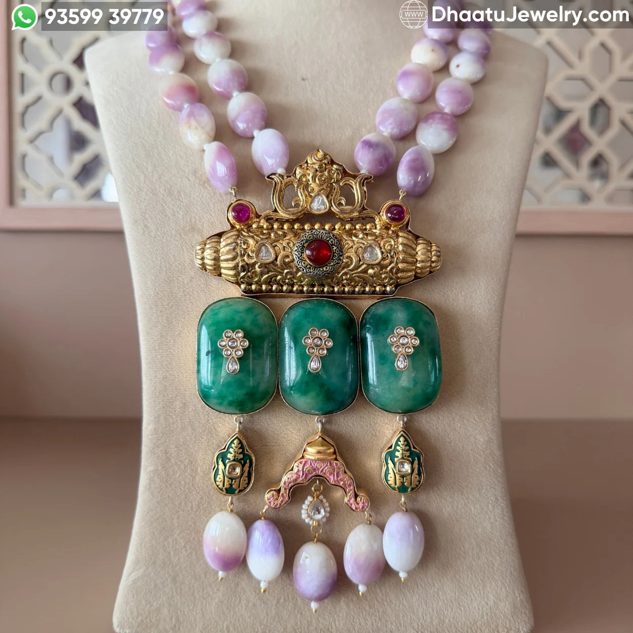 Handcrafted Jadau Fusion Necklace Set with Lavender Beads and Emerald Green Stones