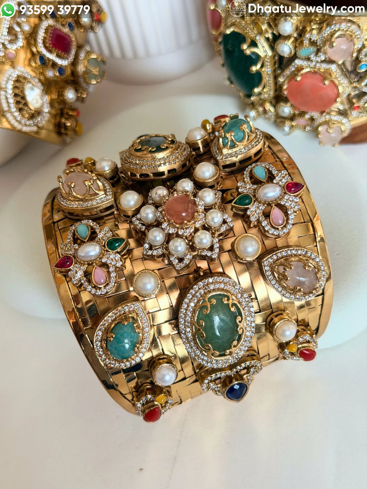 Sabyasachi Inspired Wide Brass Cuff Bracelet with Multicolored Doublet Stones & Gold Plating – Royal Statement Kada