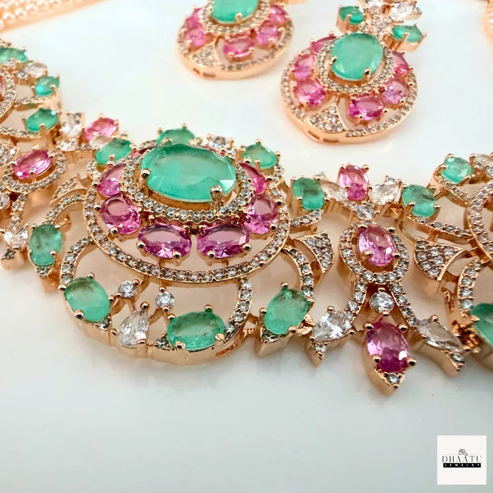 Gulnaar Mint Green & Pink Stone Choker Set with Multi-Strand Pearls