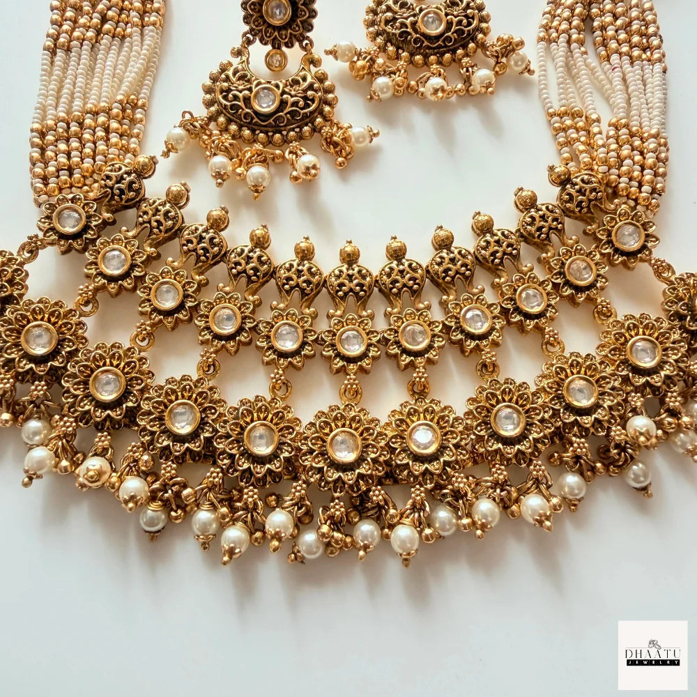 Antique Gold-Plated Kundan Polki Choker Necklace Set with Seed Pearl Multi-Strands and Matching Chandbalis