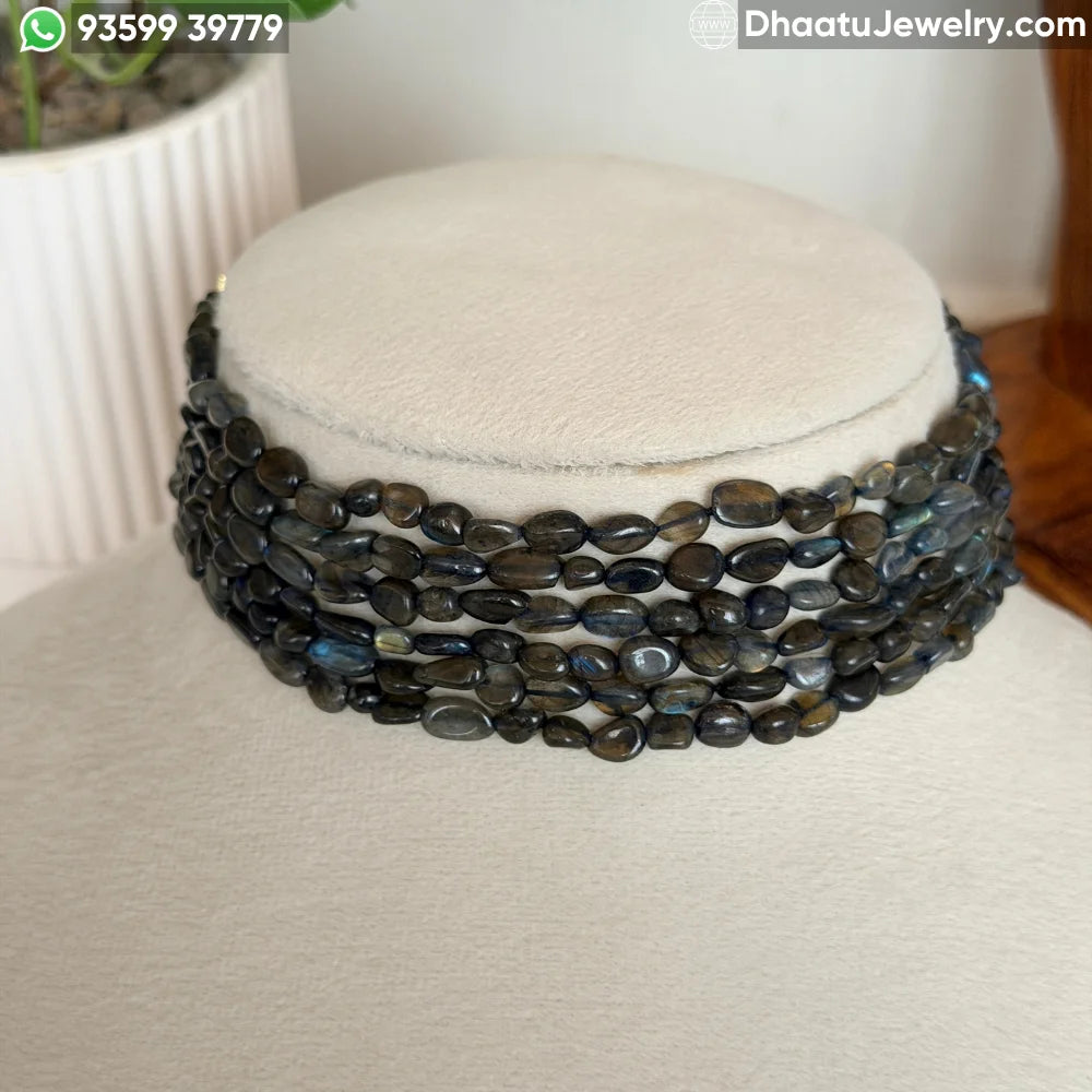 Natural Labradorite 6-Layer Multi-Strand Bead Choker Necklace | Iridescent Grey Statement Jewelry | 4.5cm x 23cm
