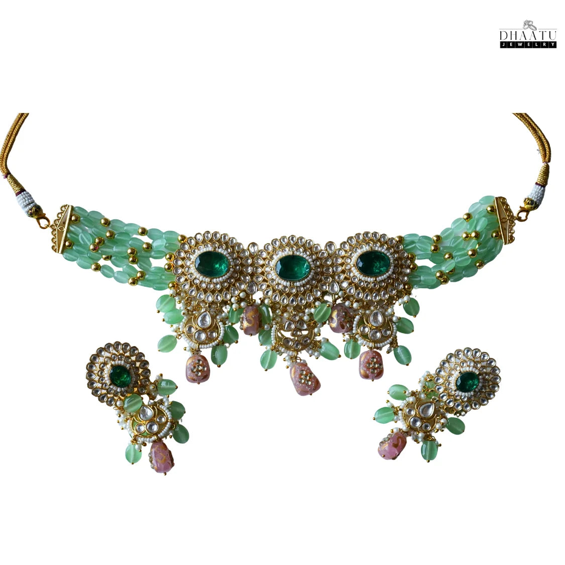 Regal Polki Style Green & Pink Beaded Choker Necklace and Earring Set | Indian Wedding Jewelry
