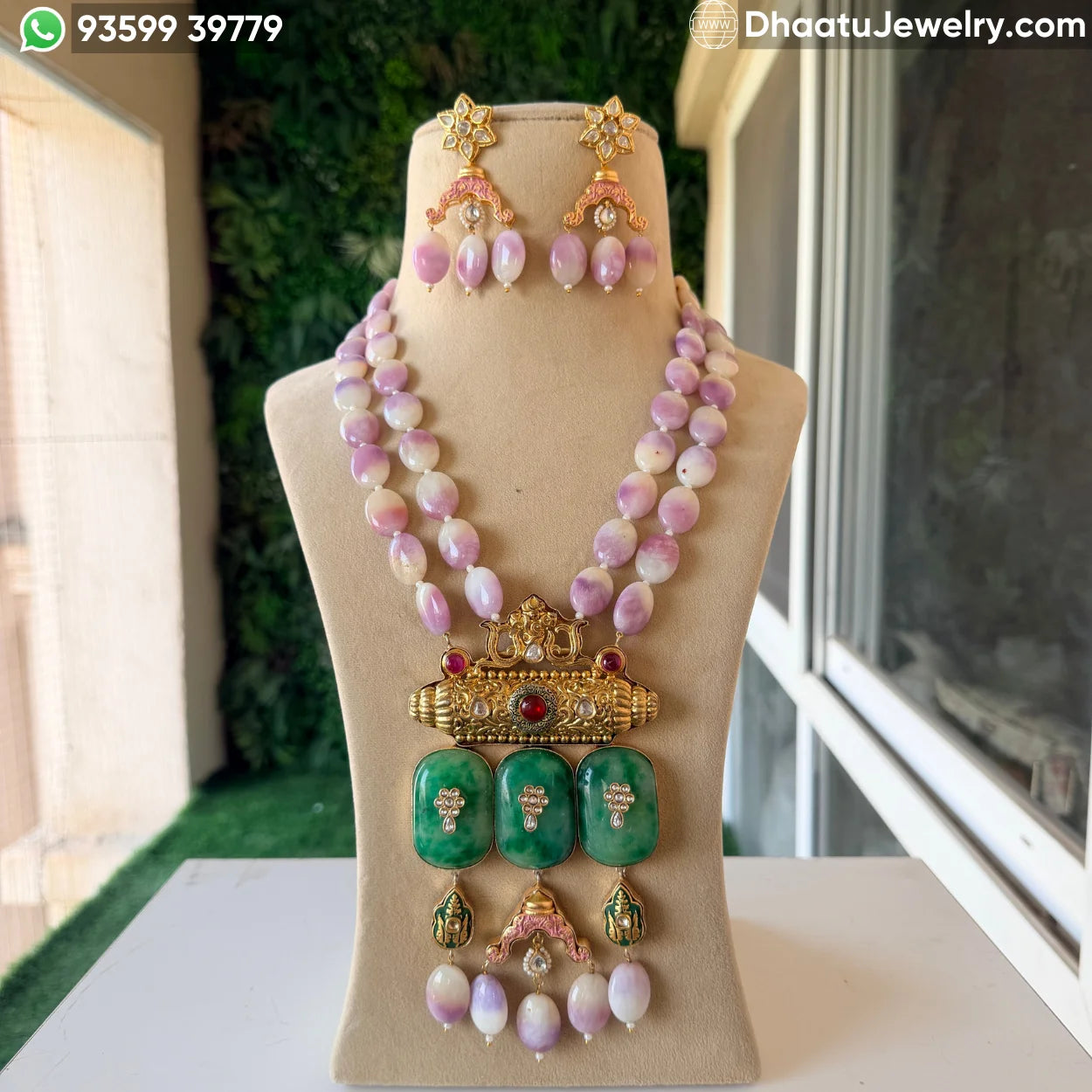 Handcrafted Jadau Fusion Necklace Set with Lavender Beads and Emerald Green Stones