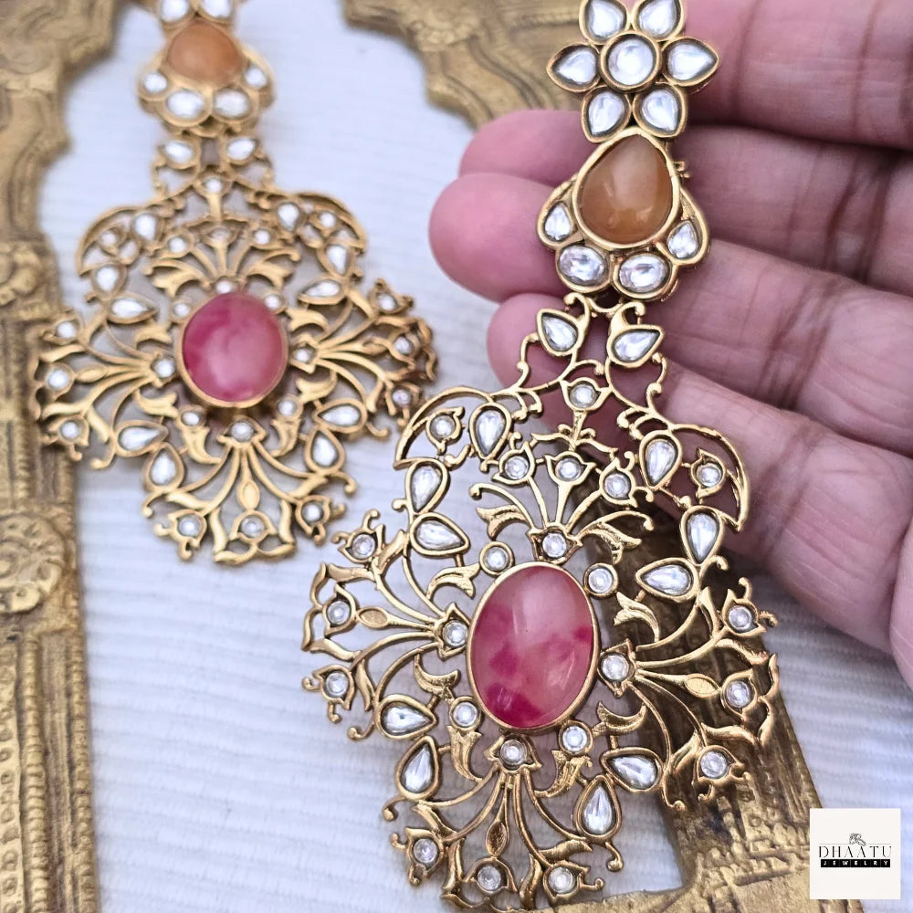 Exquisite Jadau Kundan Style Statement Earrings - Polki & Stone Work Dangler Jhumka for Weddings & Festive Wear