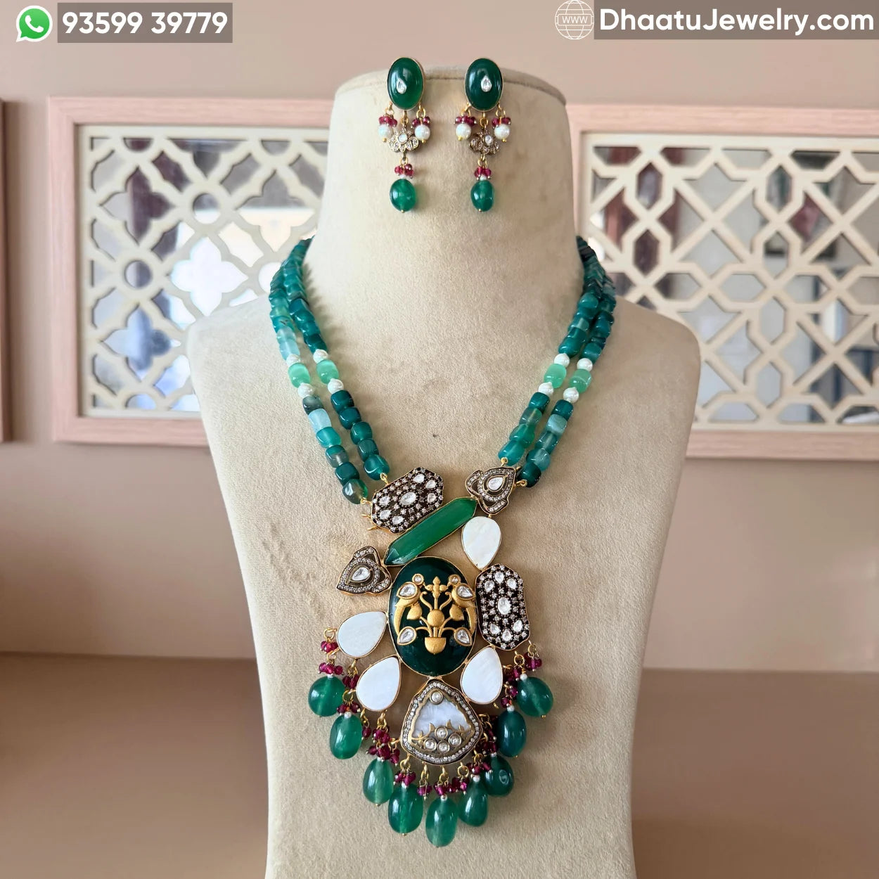 Premium Jade & Moissanite Fusion Necklace Set with Fluorite and Mother of Pearl