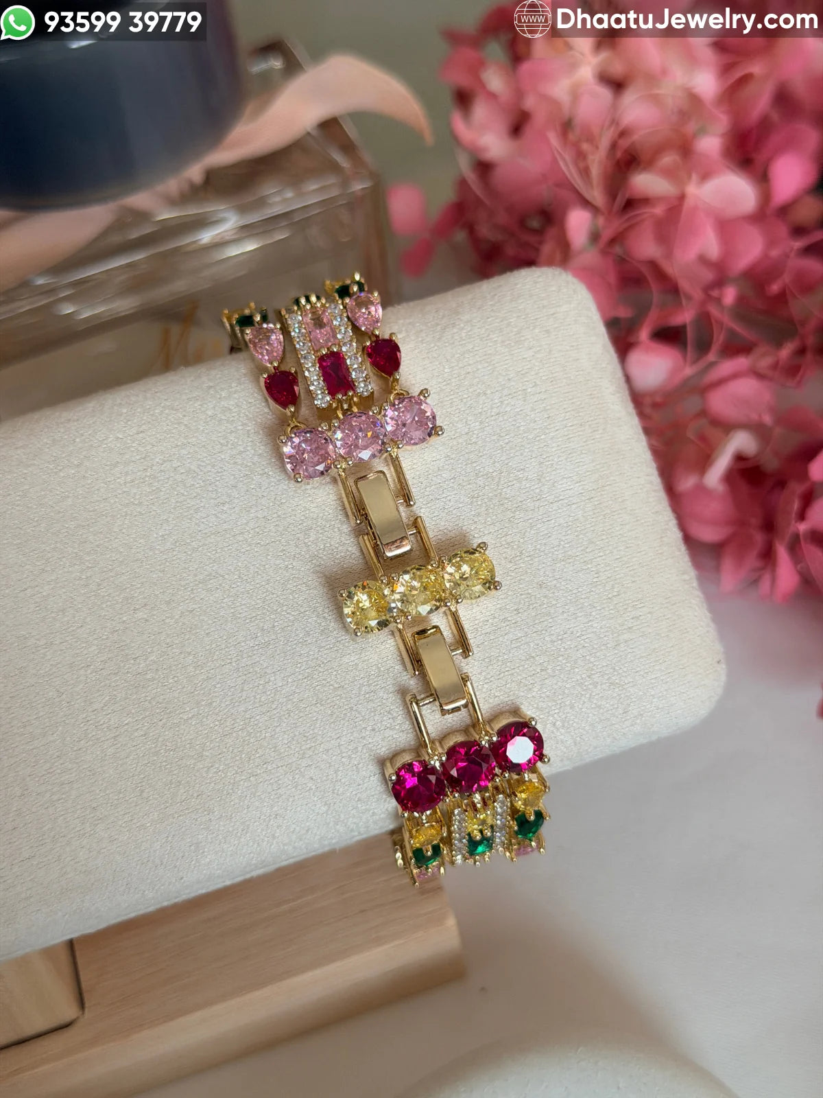 Multicolor Navette & Baguette CZ Triple-Row Bracelet in 18K Gold Plating – 18cm to 21cm Adjustable Length