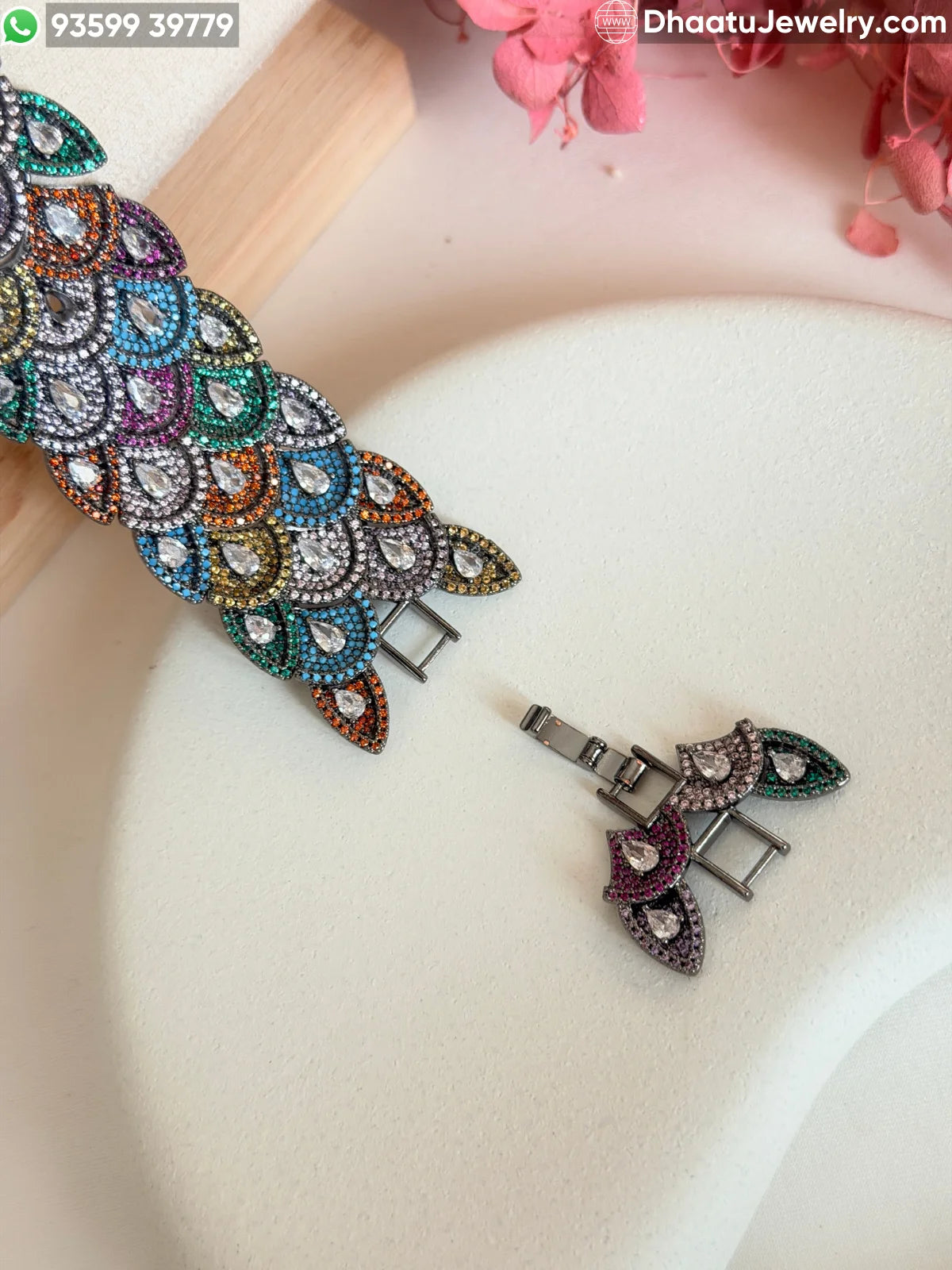 Multicolor Scalloped Peacock Tail Bracelet in Gold & Black Rhodium Finish - 18cm to 21cm Extendable Cubic Zirconia Statement Jewelry