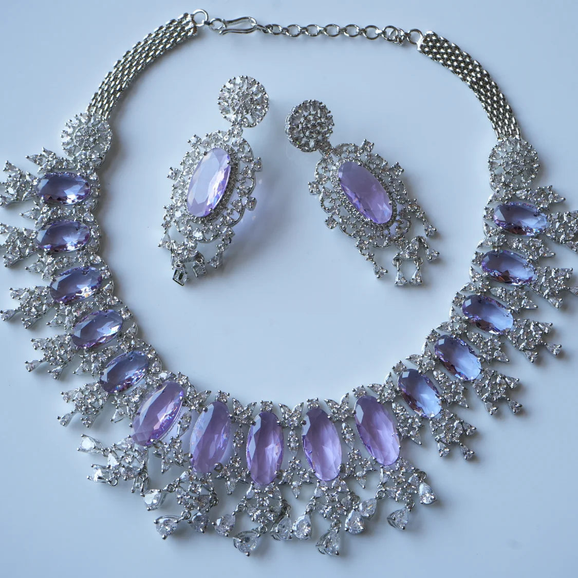 Luxury Amethyst Purple American Diamond Choker Necklace & Earring Set - AD Bridal / Party Wear Jewelry