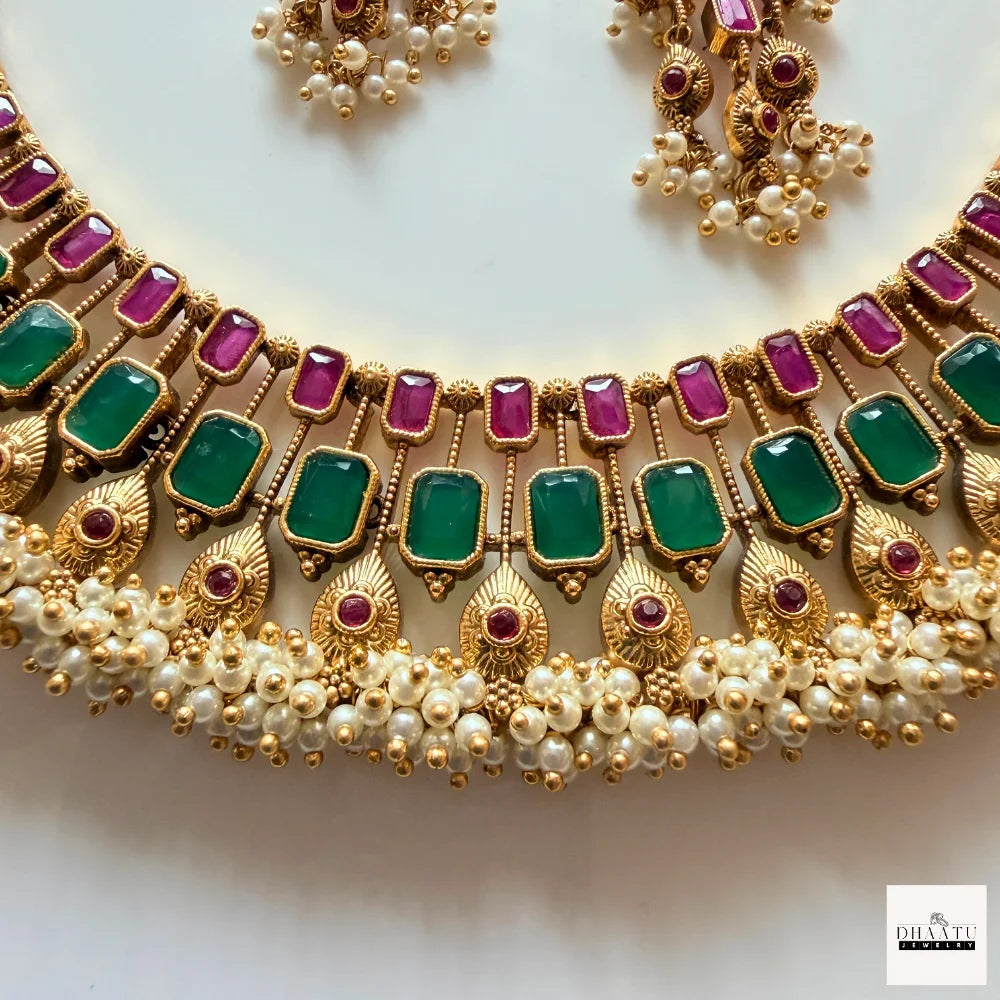 Antique Gold-Plated Guttapusalu-style Goddess Lakshmi Temple Jewelry Set with Kemp Stones and Pearl Clusters