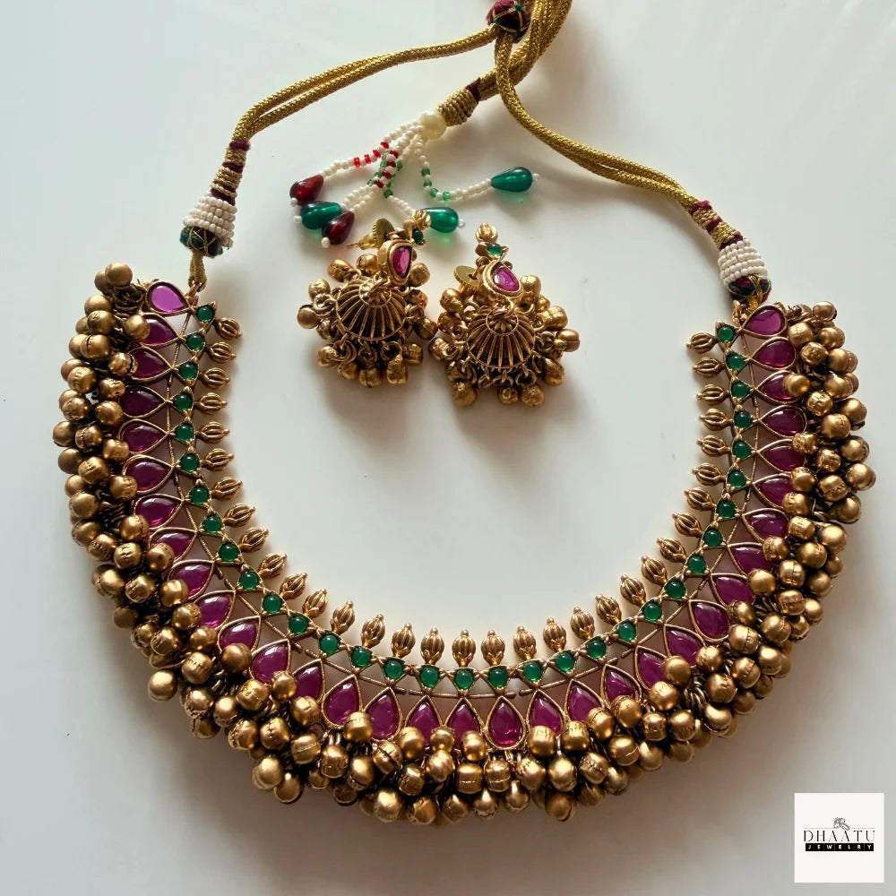 Antique Gold-Plated Guttapusalu Gajra Necklace Set with Ruby & Emerald Kemp Stones