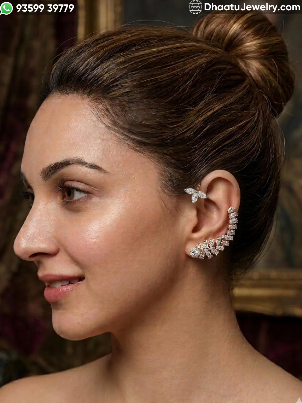 18K Gold Plated Premium Floral Cubic Zirconia Full Ear Cuff Wrap Earrings – Marquise Cut Leaf Design Ear Climbers with Cartilage Clasp