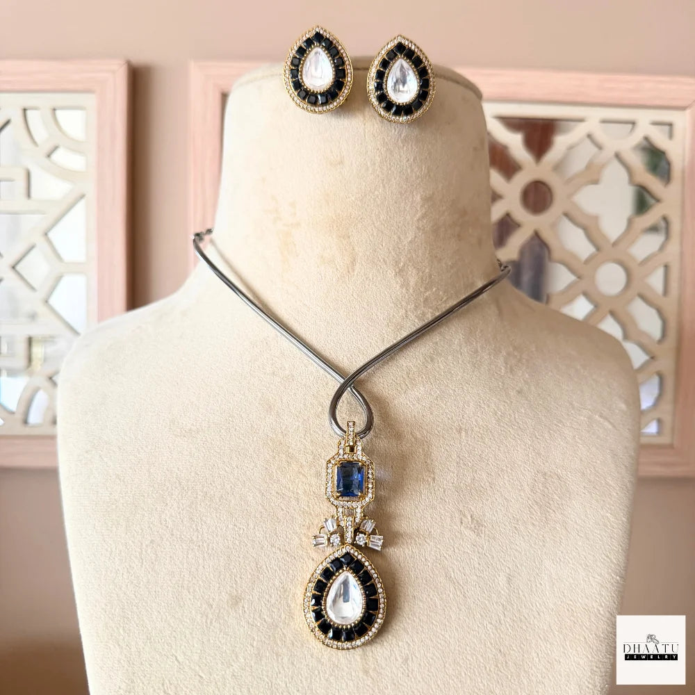 Pear-Cut Gemstone Fusion Jewelry Set – Gold-Plated Teardrop Necklace & Studs with Baguette Halo