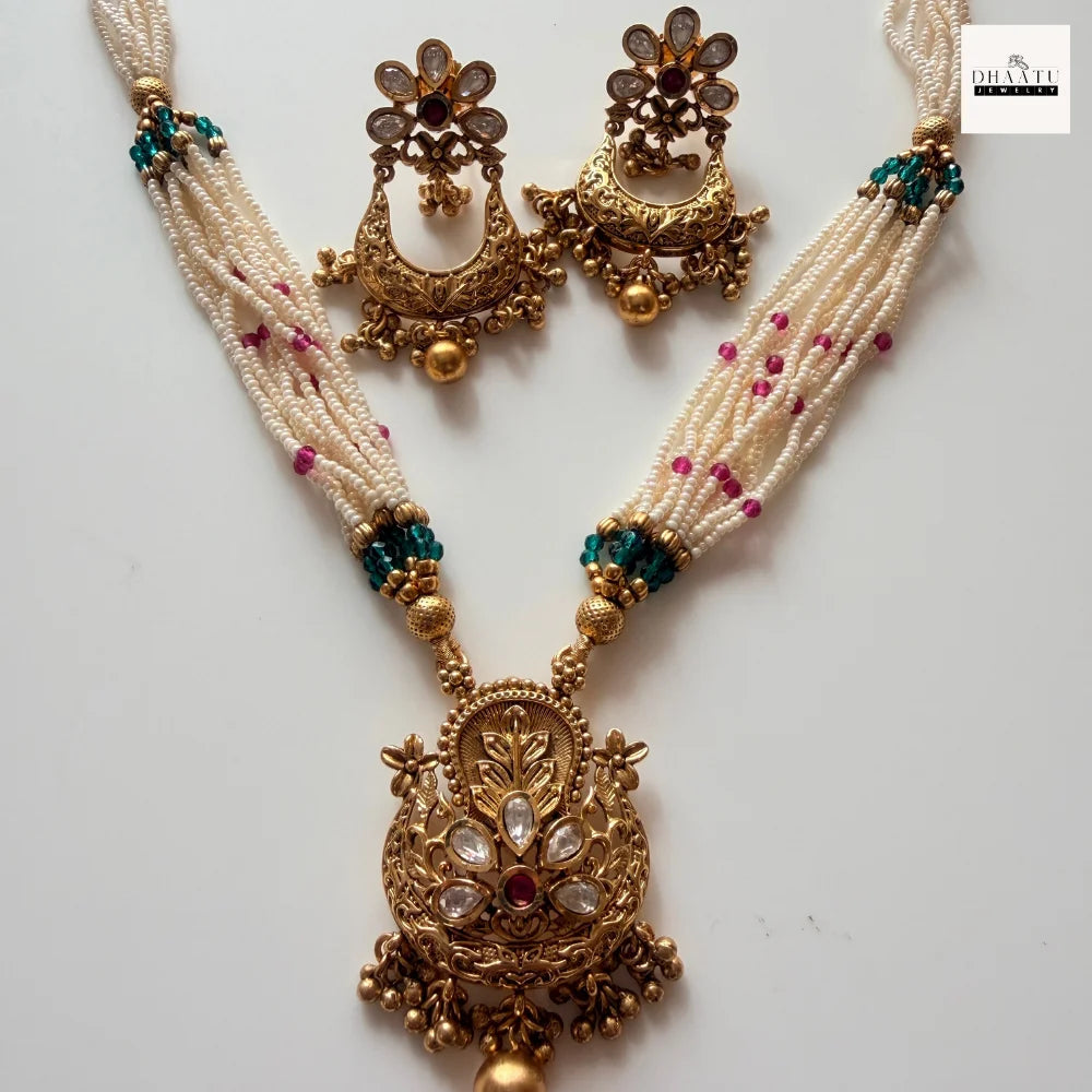 Antique Kundan & Meenakari Chandbali Pendant Necklace Set with Seed Pearl Layers