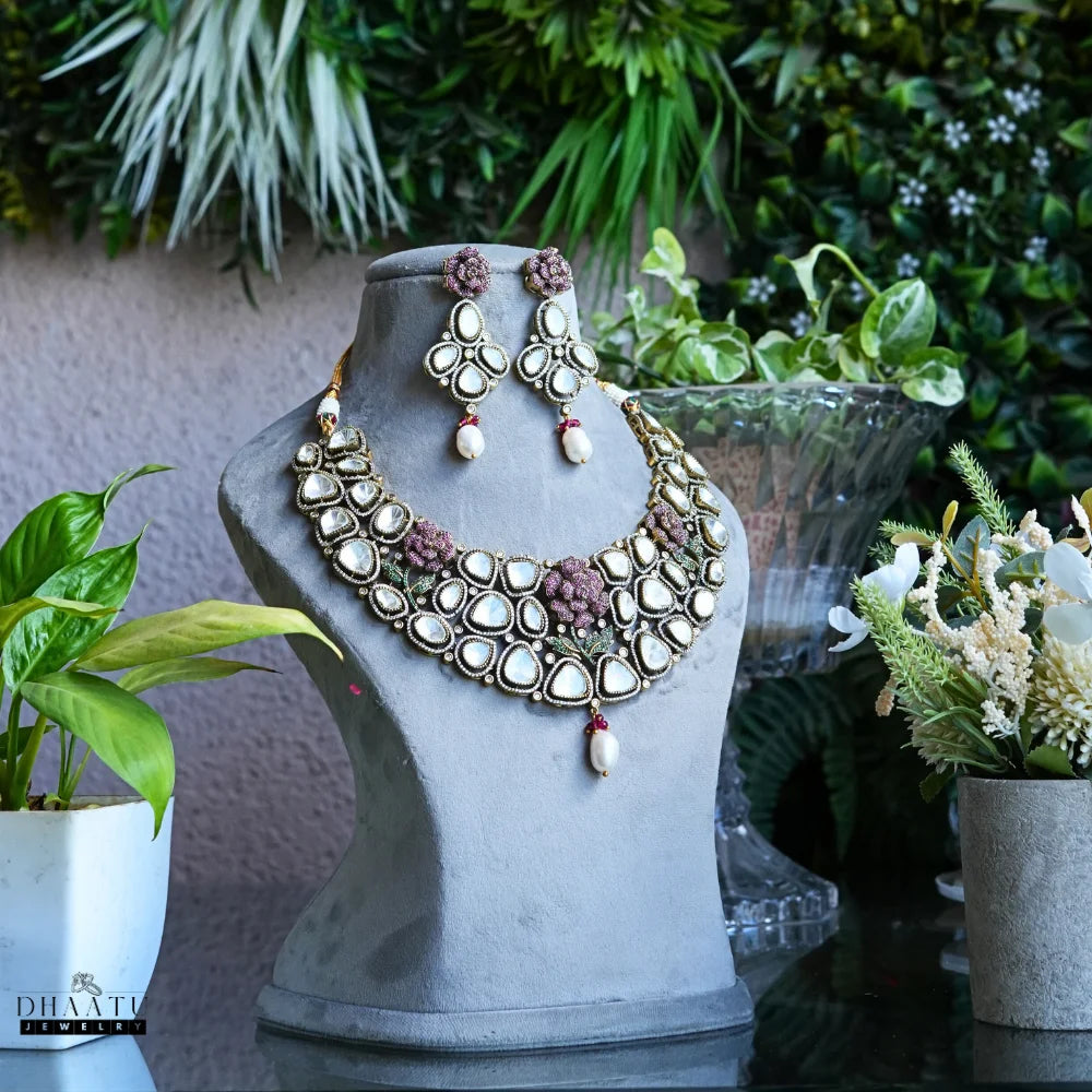 Kundan Necklace Set with CZ Stone Floral Motifs | Traditional Indian Bridal Jewelry