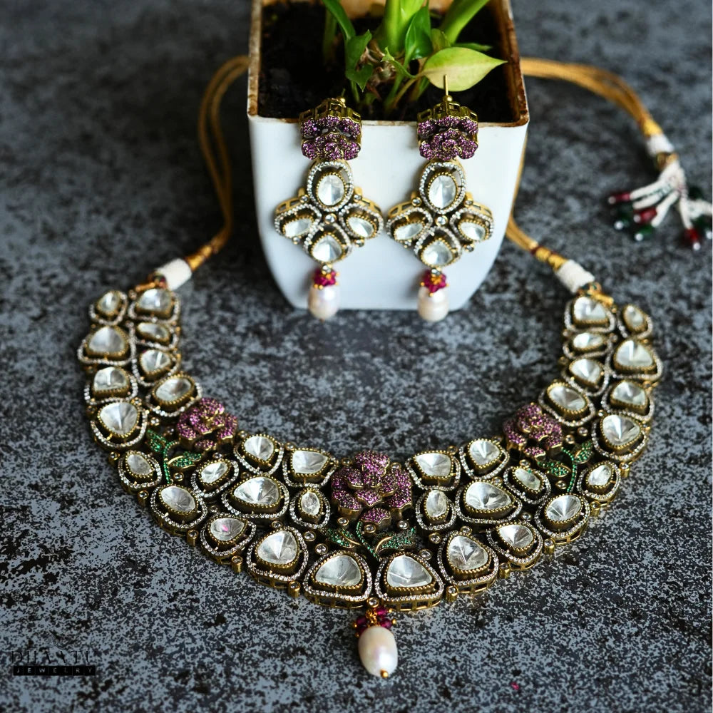 Kundan Necklace Set with CZ Stone Floral Motifs | Traditional Indian Bridal Jewelry